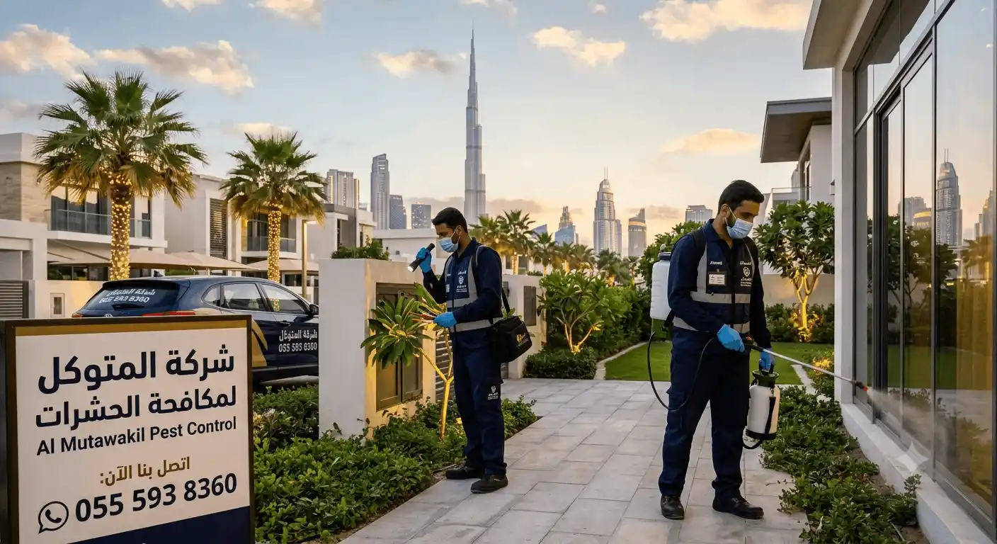 فنيون من شركة مكافحة حشرات في دبي أثناء تقديم خدمات الرش والوقاية في منطقة سكنية، مع لوحة إرشادية تحمل اسم شركة المتوكل ورقم التواصل 0555938360.