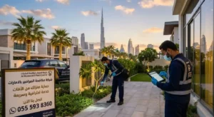 فريق عمل شركة المتوكل يقوم بتقديم خدمات الإبادة والرش في فيلا سكنية، مع لوحة إعلانية بارزة توضح أننا شركة مكافحة الصراصير المعتمدة بالإمارات ورقم الاتصال 0555938360.