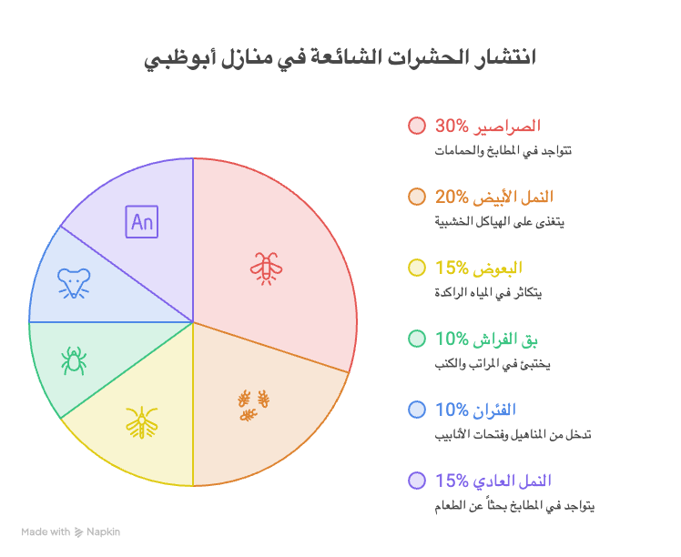تعرف على أكثر الحشرات انتشاراً في منازل أبوظبي. يوضح هذا الإنفوجرافيك نسب تواجد الصراصير، النمل الأبيض، البعوض، وبق الفراش، مع معلومات سريعة عن أماكن تواجدهم لتسهيل عملية المكافحة.