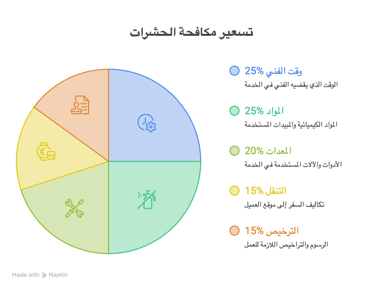 تعرف على تفاصيل هيكل تكاليف خدمات مكافحة الحشرات. يوضح هذا الرسم البياني توزيع النفقات على وقت الفني، المواد الكيميائية، المعدات، التنقل، والترخيص لضمان شفافية الأسعار