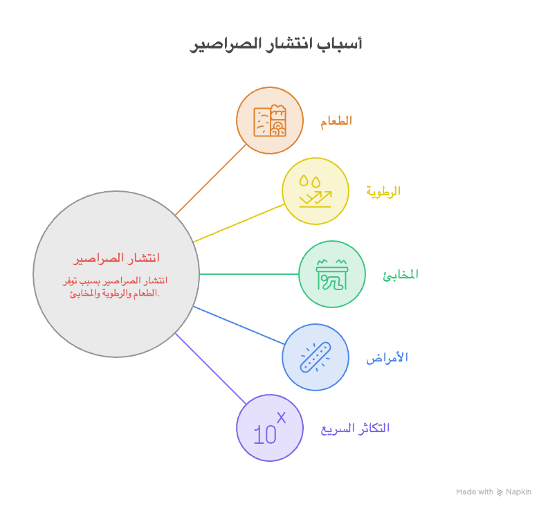 مخطط توضيحي يشرح أسباب انتشار الصراصير مثل الطعام والرطوبة والمخابئ والتكاثر السريع، مما يتطلب الاستعانة بـ شركة مكافحة الصراصير المتخصصة للقضاء عليها نهائياً.