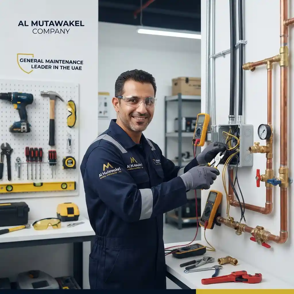 فني كهرباء وسباكة محترف من شركة المتوكل وهي أفضل شركة صيانة عامة في الامارات يقوم بإصلاح التمديدات والشبكات الكهربائية والأنابيب
