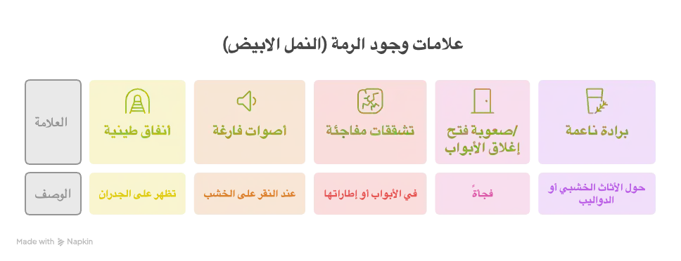 "إنفوجرافيك يوضح أهم علامات وجود الرمة والنمل الأبيض في المنازل - شركة مكافحة الرمة في الإمارات في شركة  المتوكل